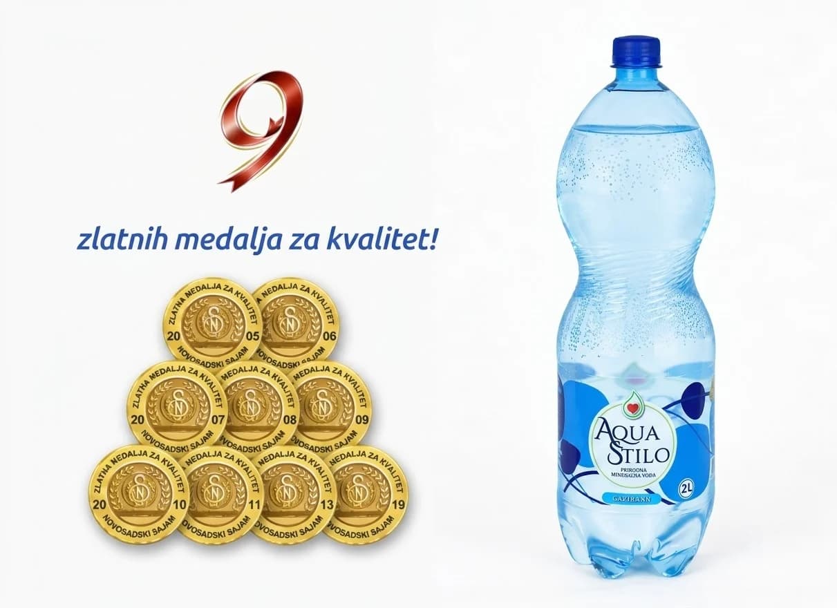 Boca prirodne mineralne vode AquaStilo sa novom etiketom pored devet zlatnih medalja Novosadskog sajma za kvalitet, uz natpis „9 zlatnih medalja za kvalitet!”