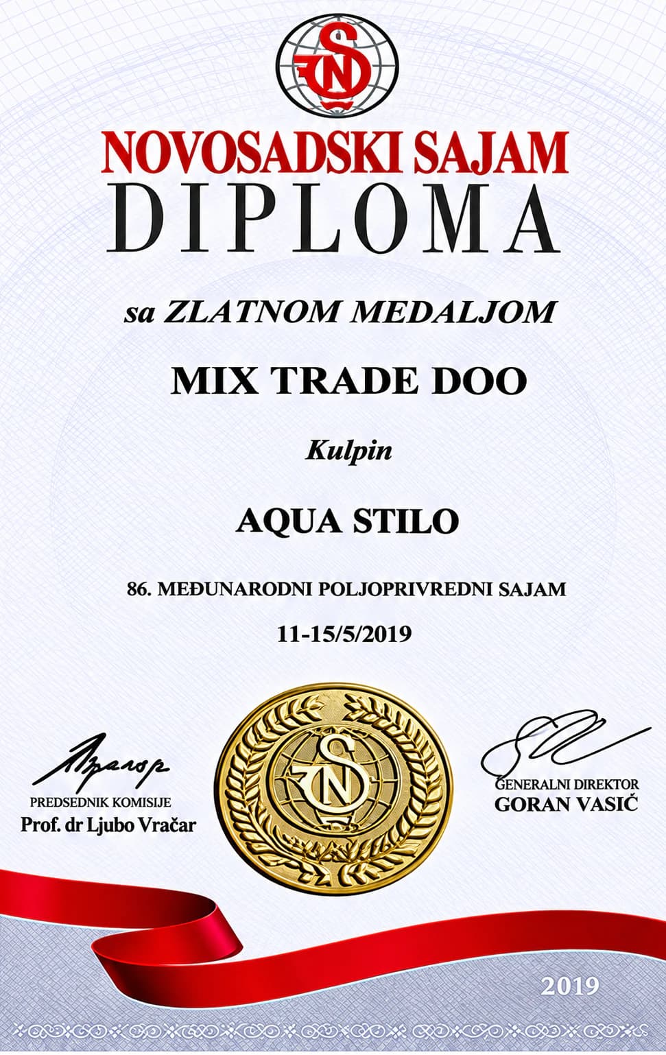 Diploma Novosadskog sajma sa zlatnom medaljom za Aqua Stilo, Mix Trade DOO Kulpin, 86. međunarodni poljoprivredni sajam, 2019.