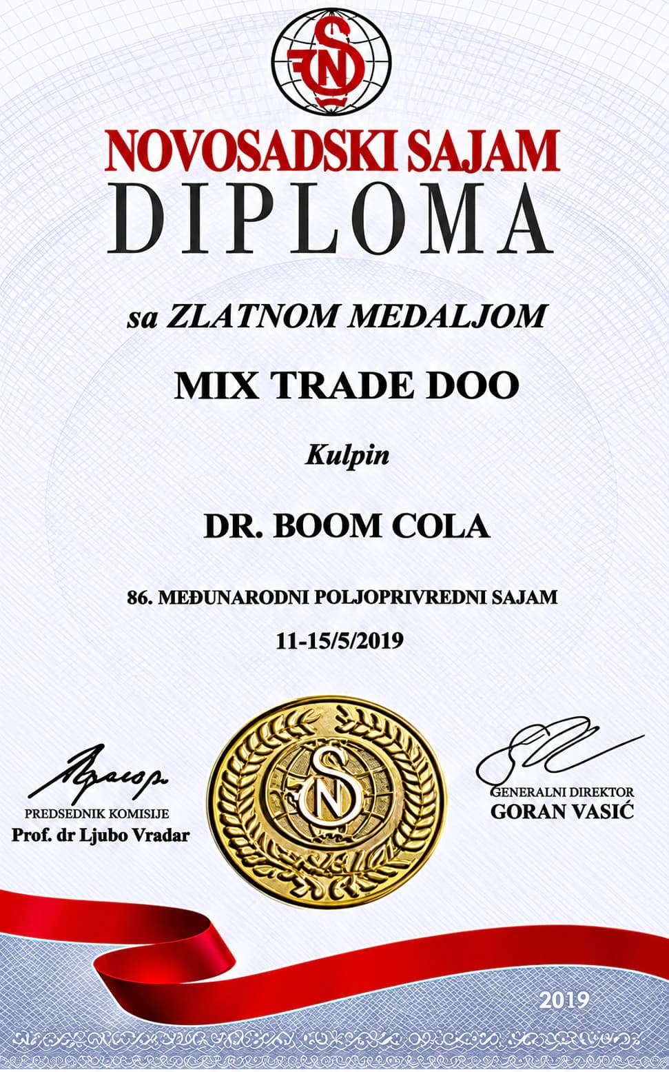 Diploma Novosadskog sajma sa zlatnom medaljom za Dr. Boom Cola, Mix Trade DOO Kulpin, 86. međunarodni poljoprivredni sajam, 2019.