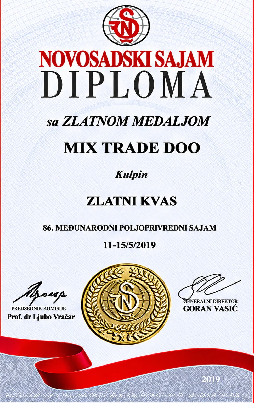 Diploma Novosadskog sajma sa zlatnom medaljom za Zlatni Kwas, Mix Trade DOO Kulpin, 86. međunarodni poljoprivredni sajam, 2019.